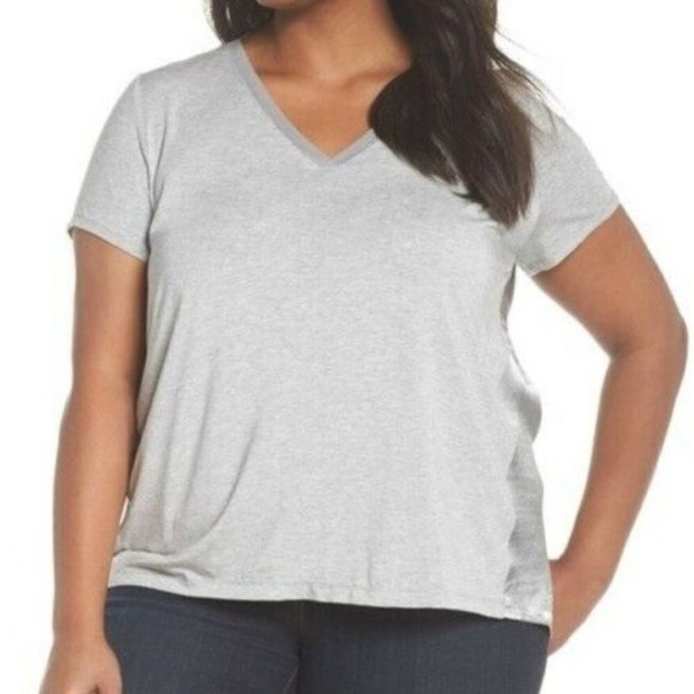 Sejour Mixed Media V-Neck Top Plus Size 2X Gray